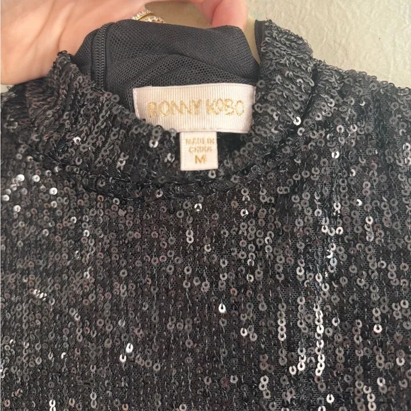 RONNY KOBO Black Sequin Tivia Top Mock Neck Turtleneck Size M - Picture 5 of 7